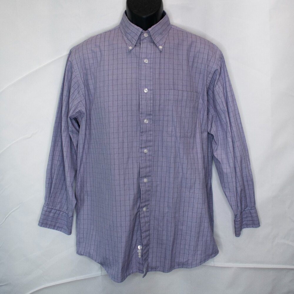 Lands End Windowpane Plaid Button Up Dress Shirt Mens 16 32 Purple Office BB08